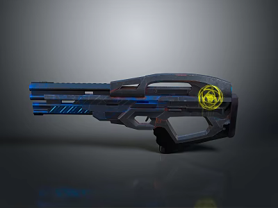Futuristic Sci Fi Gun With Blue Accents And Yellow Emblem Design 3d model