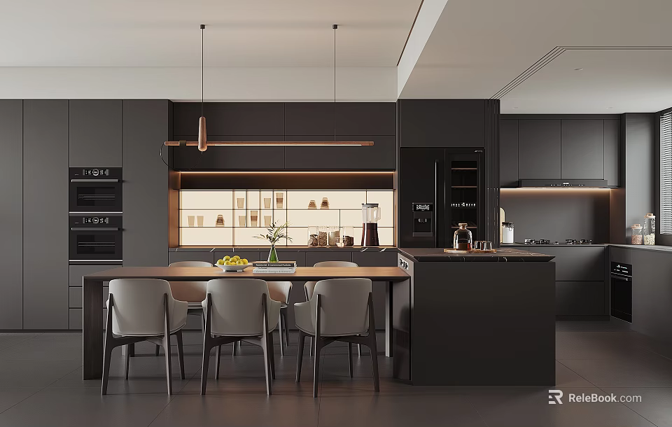 Modern Restaurant Kitchen Interior With Black Cabinets Island Counter Hanging Lights And Chairs 3d model 