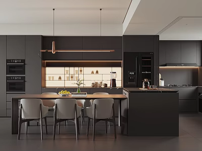 Modern Restaurant Kitchen Interior With Black Cabinets Island Counter Hanging Lights And Chairs 3d model