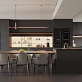 Modern Restaurant Kitchen Interior With Black Cabinets Island Counter Hanging Lights And Chairs