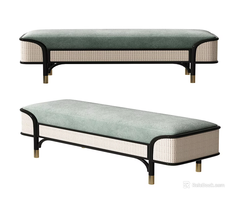 Light Green Upholstered Ottoman With Rattan Details Black Frame And Gold Legs 3d model 