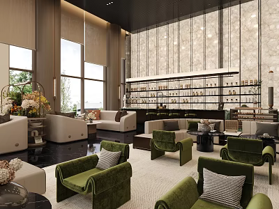 Luxurious Modern Hotel Lobby Interior With Green Armchairs Sofa And Bookshelves 3d model
