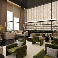 Luxurious Modern Hotel Lobby Interior With Green Armchairs Sofa And Bookshelves