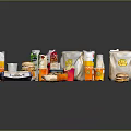Various Assorted Packaged Foods Featuring Burgers Snacks And Beverage Containers