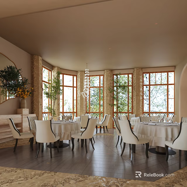 Elegant Private Dining Box Interior With Round Tables White Chairs Chandelier And Green Plants 3d model 