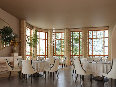 Elegant Private Dining Box Interior With Round Tables White Chairs Chandelier And Green Plants 3d model