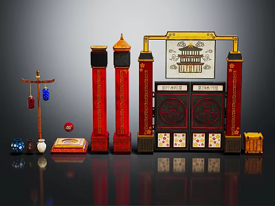 Traditional Chinese Red Pillars With Golden Decorative Tops Antique Wooden Doors And Hanging Ornaments 3d model
