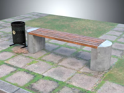 Outdoor Bench With Wooden Slat And Concrete Legs Near Trash Can On Stone Pavement 3d model