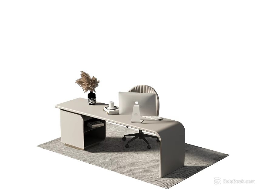 Modern Office Desk with Ergonomic Chair Laptop Dried Flowers and Minimalist Design 3d model 