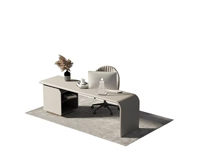 Modern Office Desk with Ergonomic Chair Laptop Dried Flowers and Minimalist Design 3d model