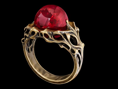 Intricate Golden Ring With Large Red Gemstone And Filigree Design 3d model