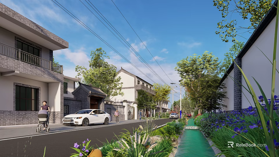 Modern Garden Landscape With Street Trees Flowers Car And Pedestrians Near Buildings 3d model 