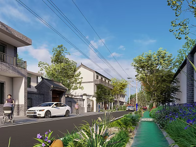 Modern Garden Landscape With Street Trees Flowers Car And Pedestrians Near Buildings 3d model