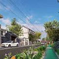 Modern Garden Landscape With Street Trees Flowers Car And Pedestrians Near Buildings