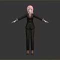 3D Female Character Model With Pink Hair Black Striped Suit Red Shoes And Outstretched Arms