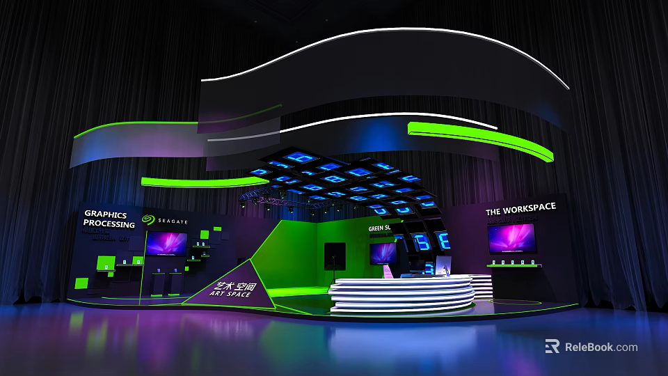 Modern Exhibition Booth With Neon Lights Green Purple Lighting Digital Screens And Reception Desk 3d model 