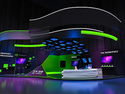Modern Exhibition Booth With Neon Lights Green Purple Lighting Digital Screens And Reception Desk 3d model