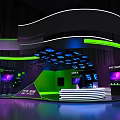 Modern Exhibition Booth With Neon Lights Green Purple Lighting Digital Screens And Reception Desk