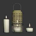 Stylish Home Decorative Gold Lantern With Lit White Candles On Black Tray