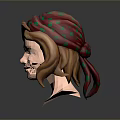 3D Model of a Woman with Brown Hair and Red Green Patterned Headscarf