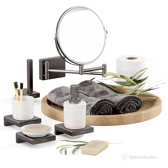 Stylish Bathroom Accessories with Wall Mounted Mirror Wooden Tray Towels and Soap Dish 3d model 