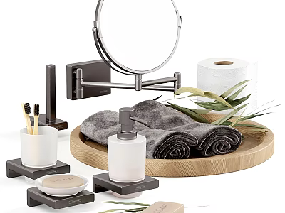 Stylish Bathroom Accessories with Wall Mounted Mirror Wooden Tray Towels and Soap Dish 3d model