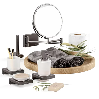 Stylish Bathroom Accessories with Wall Mounted Mirror Wooden Tray Towels and Soap Dish 3d model