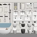 Modern Bathroom Suite With Bathtub Sinks Toilets Showerheads Towel Racks And Shelves
