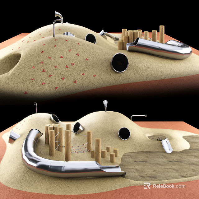 Playground Equipment With Wooden Structures Curved Silver Tubes And Sandpit For Children Outdoor Play 3d model 