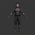 Man In Gray Jumpsuit With Yellow Shoes And Straps Against Gray Background