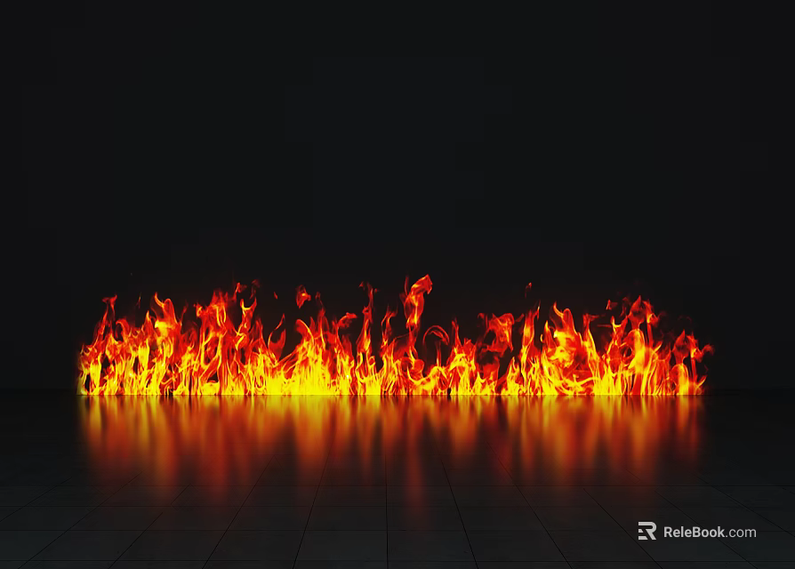 Bright Flames Burning Intensely On Black Background With Floor Reflection 3d model 