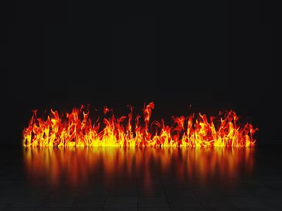 Bright Flames Burning Intensely On Black Background With Floor Reflection 3d model