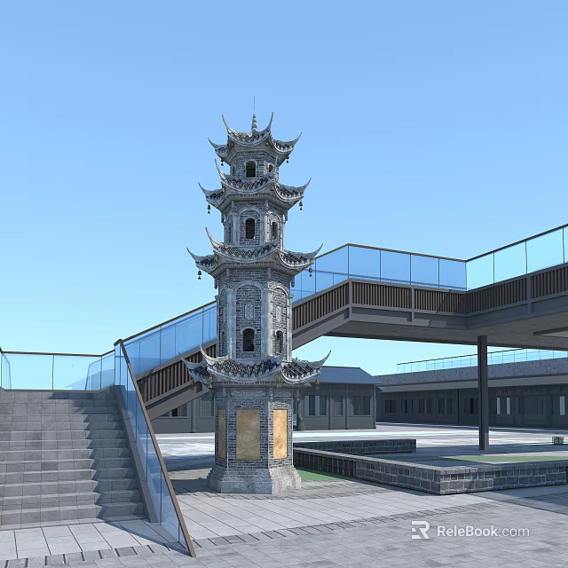 Traditional Chinese Pagoda With Multi Tiered Eaves Gray Stone Structure And Modern Glass Bridge Staircase 3d model 