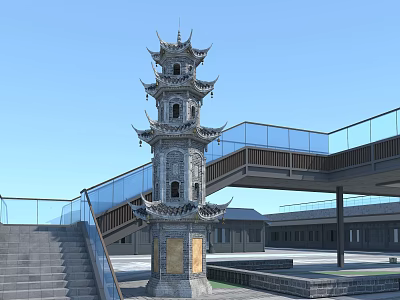 Traditional Chinese Pagoda With Multi Tiered Eaves Gray Stone Structure And Modern Glass Bridge Staircase 3d model