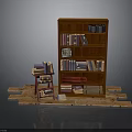 Brown Wooden Bookshelf With Stacked Books Small Stool And Wooden Floor Planks