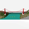 Red Suspension Bridge Over Dalian Bay Connecting Mountain Sides With Blue Water