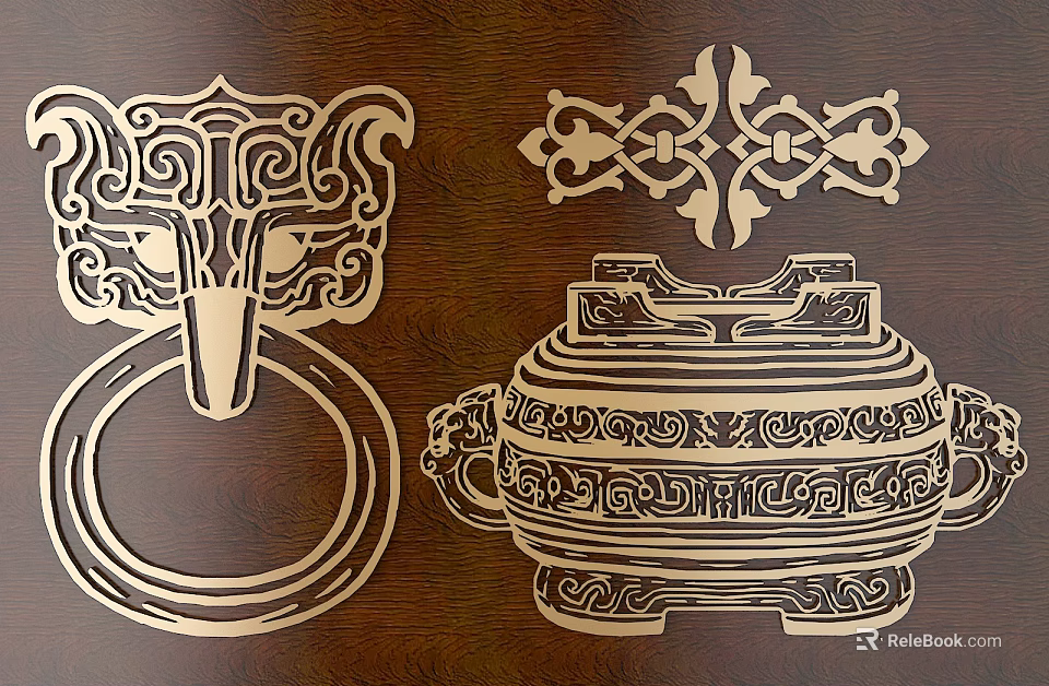 Traditional Wooden Carving Art with Animal Head Ring and Ornate Vessel Patterns 3d model 