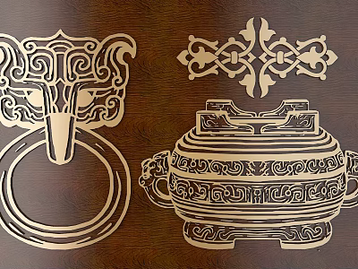 Traditional Wooden Carving Art with Animal Head Ring and Ornate Vessel Patterns 3d model