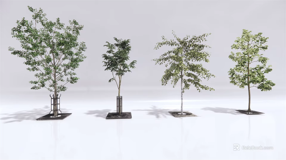 Four Arbor Trees With Green Foliage And Varied Branch Structures 3d model