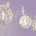 Three Modern Spherical Wireframe Chandeliers Hanging With Light Effects On Purple Background 3d model