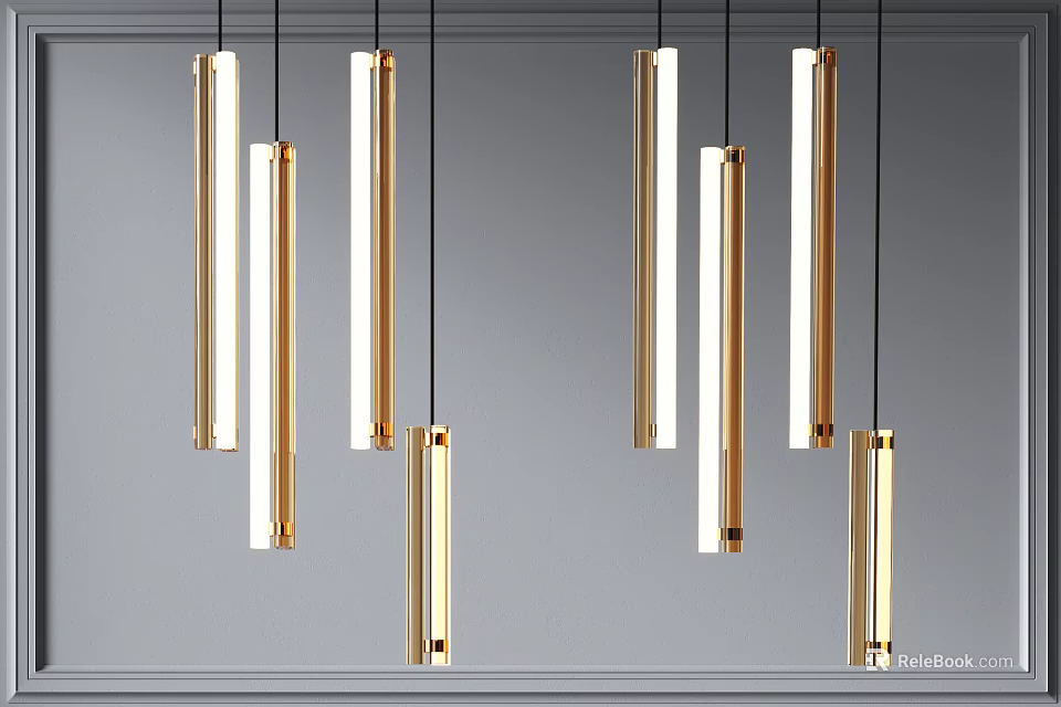 Modern Golden Long Cylindrical Pendant Lights Hanging In Interior Space 3d model 