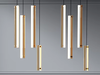 Modern Golden Long Cylindrical Pendant Lights Hanging In Interior Space 3d model