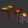 Wooden Side Tables in Three Different Sizes with Colorful Plates on Each