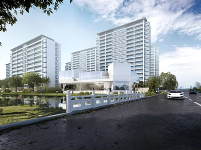 Modern High Rise Residential Community With Water Feature Greenery And Cars On Road 3d model