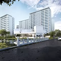 Modern High Rise Residential Community With Water Feature Greenery And Cars On Road