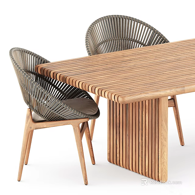 Natural Wooden Dining Table Set With Rattan Chairs And Slatted Tabletop Design 3d model 