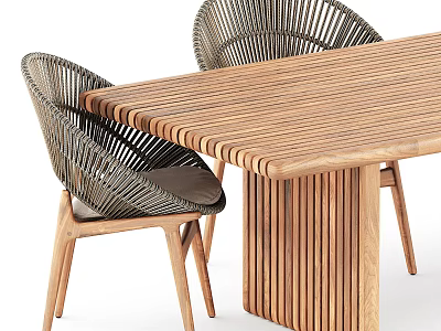 Natural Wooden Dining Table Set With Rattan Chairs And Slatted Tabletop Design 3d model