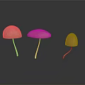 Three Pink Mushrooms With Yellow Stems On Gray Background And Reflections 3d model