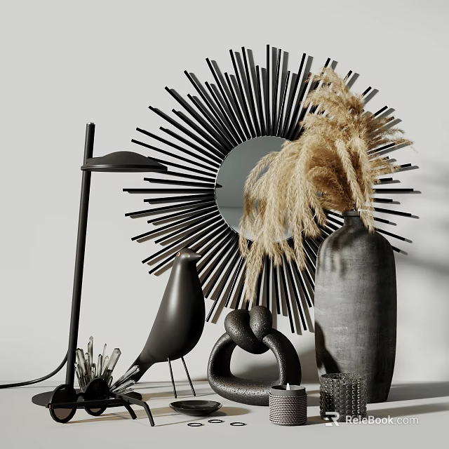 Decorative Ornament Set With Sunburst Mirror Black Bird Figurine Pampas Grass Vase And Knot Decor 3d model 