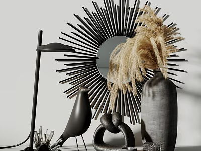 Decorative Ornament Set With Sunburst Mirror Black Bird Figurine Pampas Grass Vase And Knot Decor 3d model